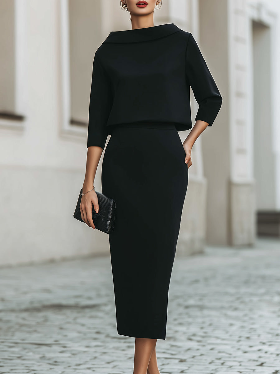 Elena | Boat Neck Top and Midi Skirt Set