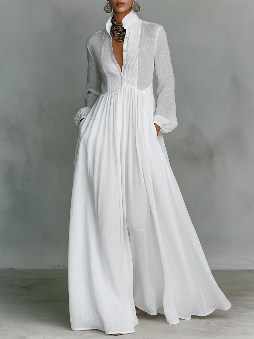 Eiravelle | Linen Patchwork Stand Collar Maxi Dress