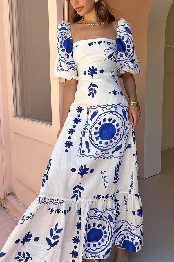 Cymbeline | Linen Print Bubble Sleeve Maxi Dress