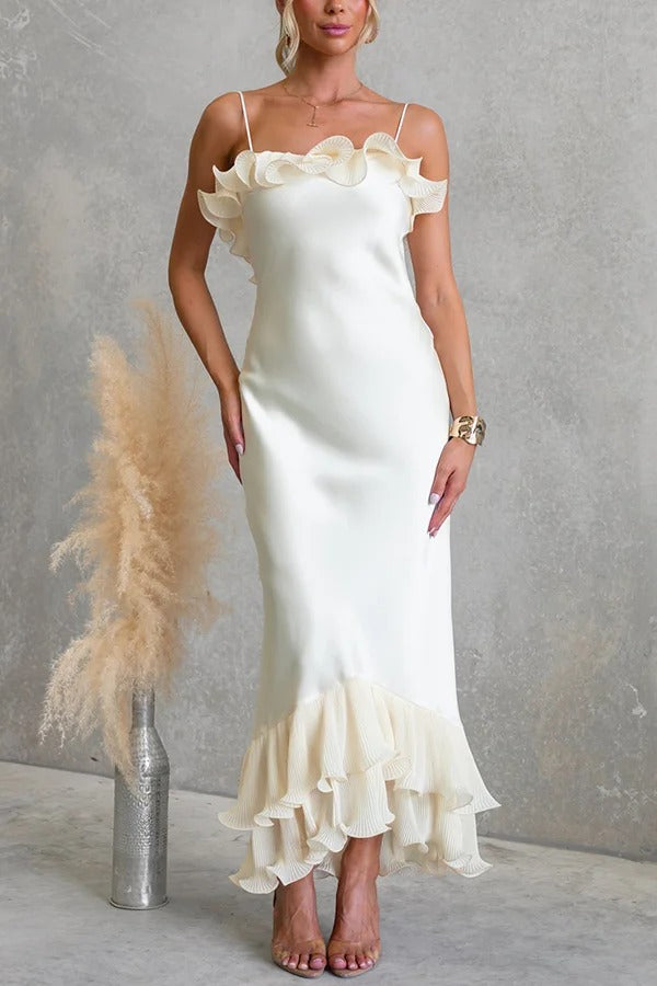 Sakura | Satin Pleated Ruffle Maxi Dress
