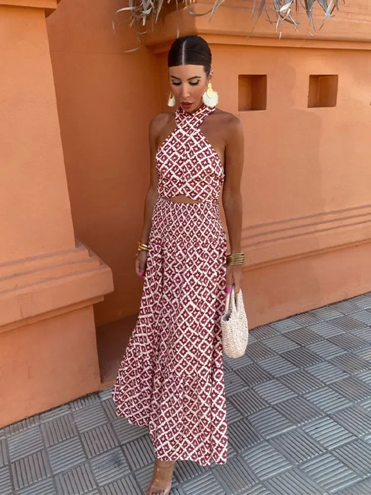 Alessara | Printed Backless Halter Skirt Set