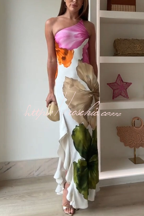 Calyra | One-Shoulder Floral Ruffle Maxi Dress