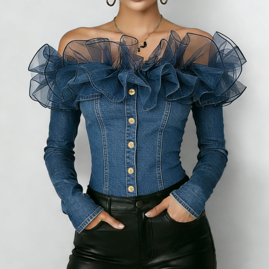 Adeliza | Denim Patchwork Mesh Blouse