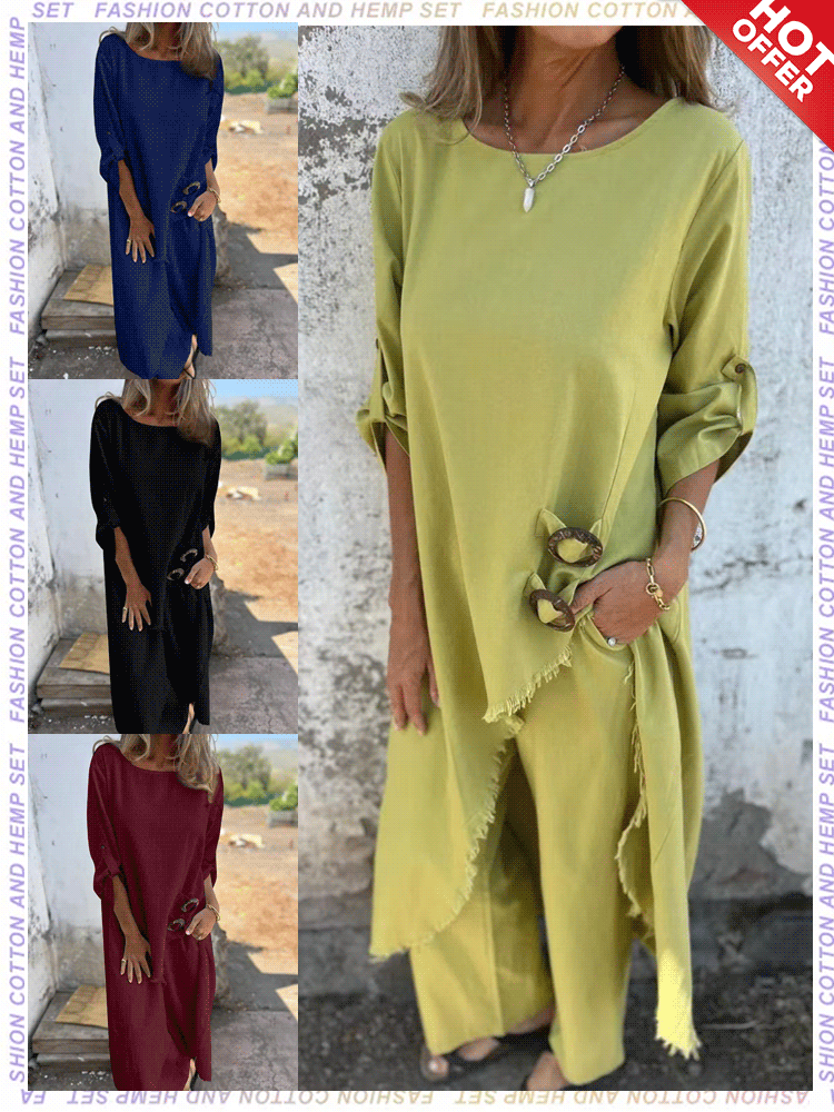 Inga | Cotton-Linen Flowy Dress & Pants Set