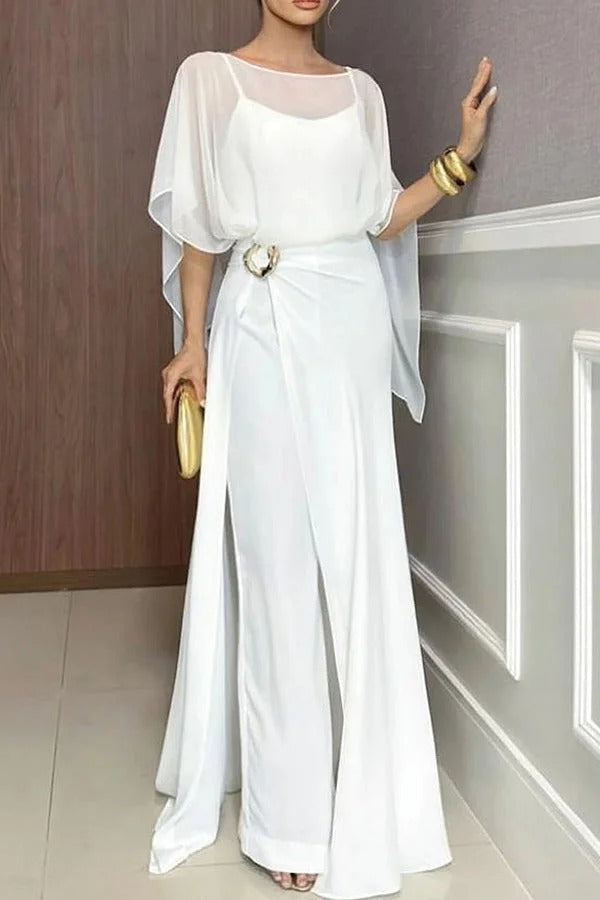 Leilani | Chiffon Cape Top & Wide-Leg Pants Set