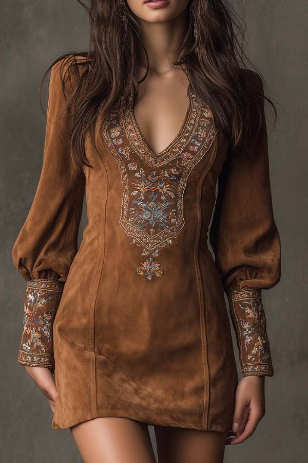 Zarina | Embroidered Suede Mini Dress