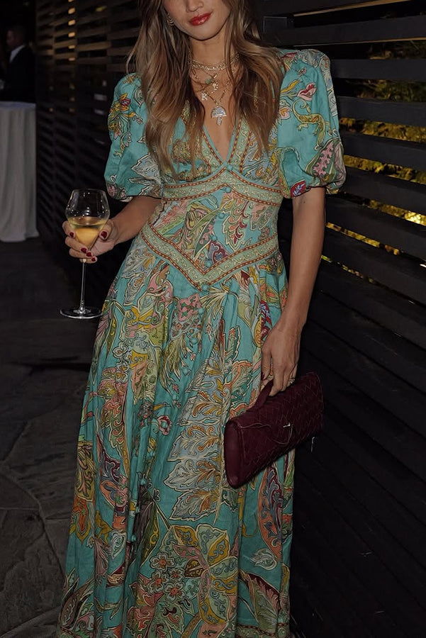 Ysolde | Linen Print Puff Sleeve Pocket Maxi Dress