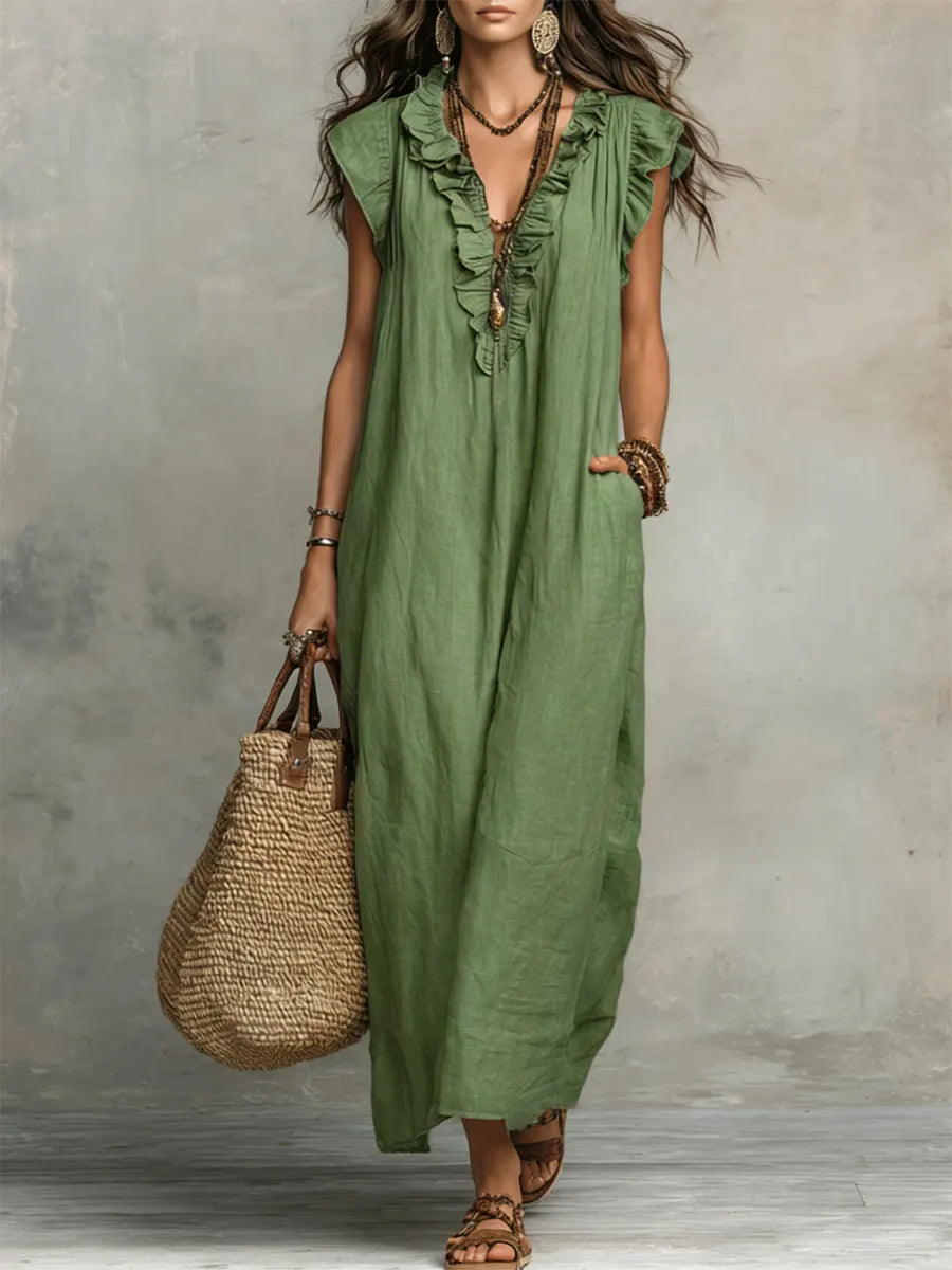 Niamh | Ruffled Cotton Linen Midi Dress