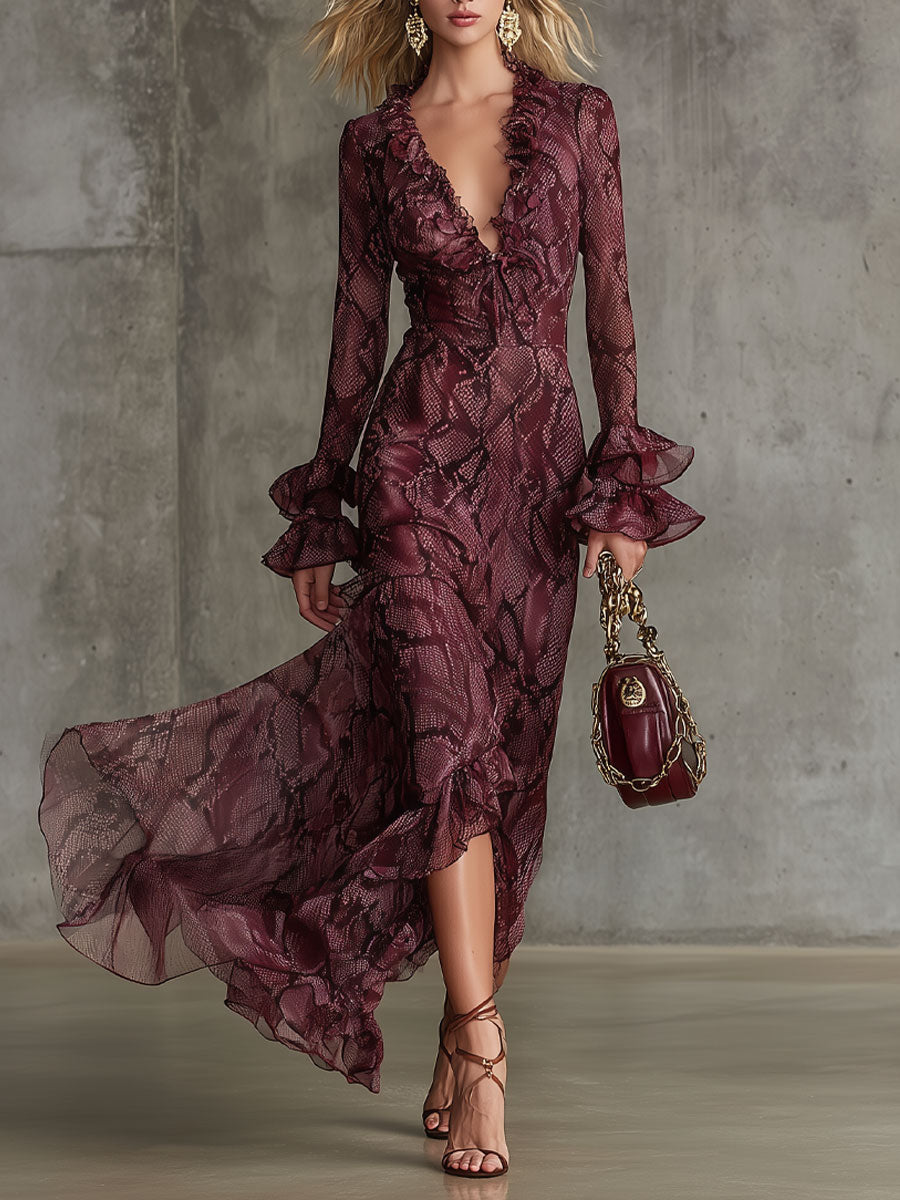 Evadne | Ruffled Chiffon Snakeskin Maxi Dress