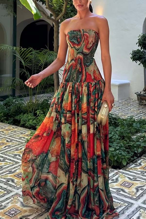 Tirielle | Lava Print Off-Shoulder Smocked Maxi Dress