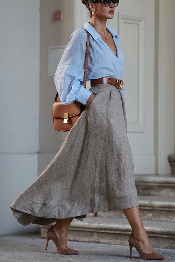 Zavielle | Linen Elastic Waist High-Low Maxi Skirt