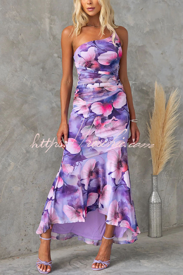 Ismeria | Mesh Floral One-Shoulder Ruched Maxi Dress