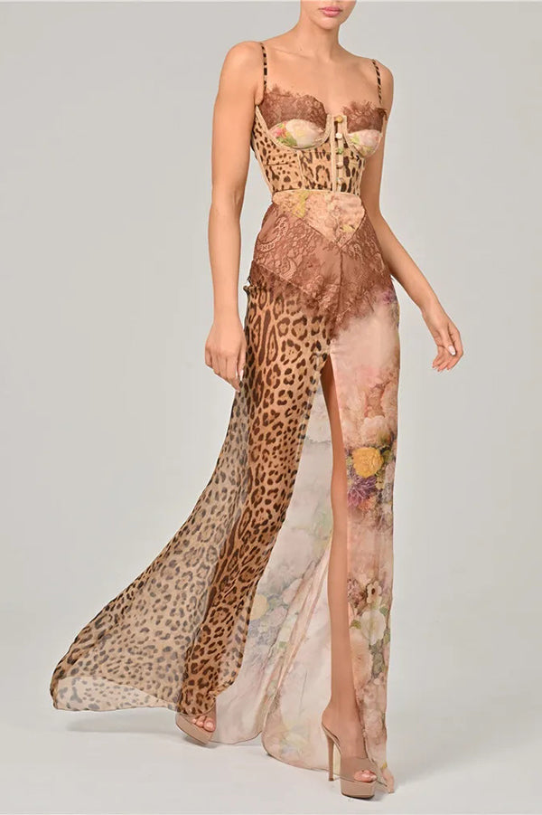 Zelviera | Leopard Lace High-Slit Maxi Dress