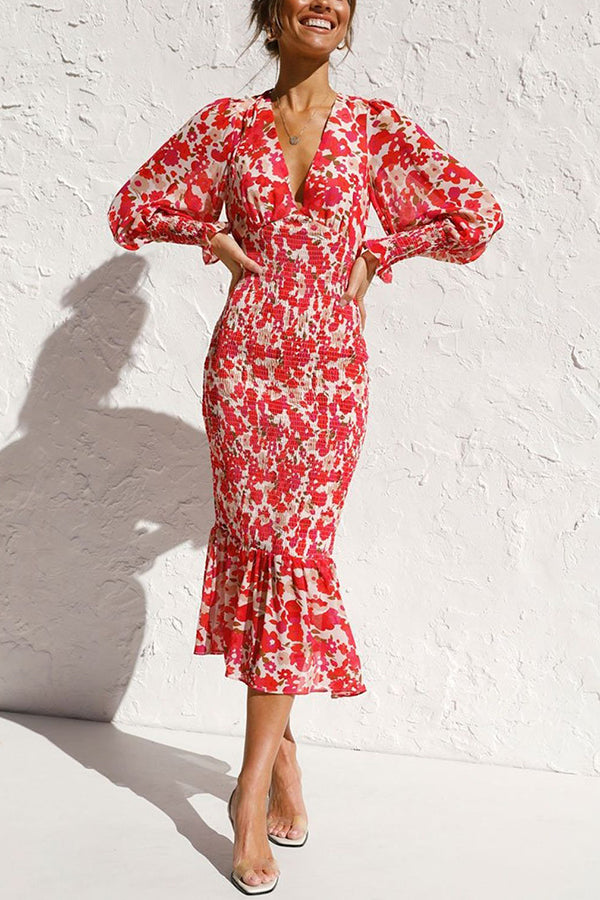Zeloria | Floral Bishop Sleeve Smocked Midi Dress