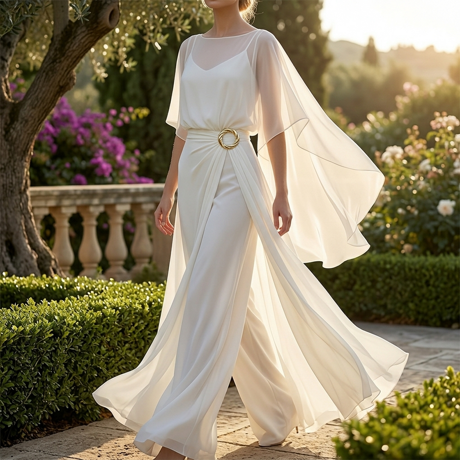 Elara | Chic Cape Sleeve Top & Wrap Pants Set