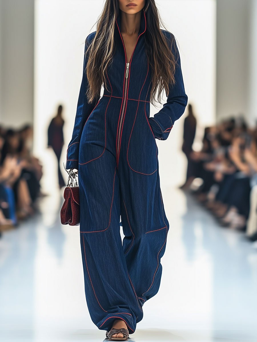 Delilah | Relaxed Stitch Wide-Leg Denim Jumpsuit