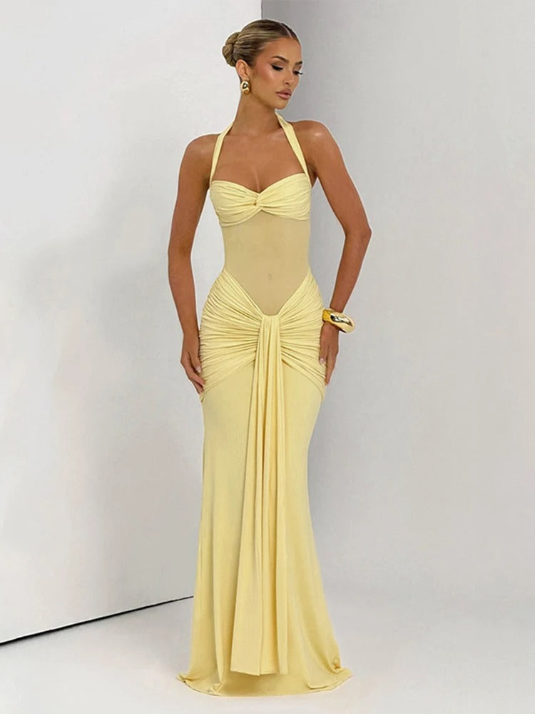 Azmira | Halter Bodycon Sheer Waist Maxi Dress