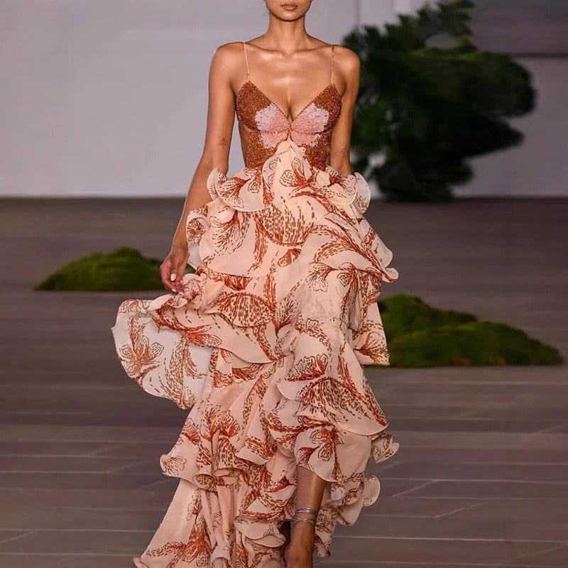 Aurevine | Tiered Butterfly Halter Maxi Dress