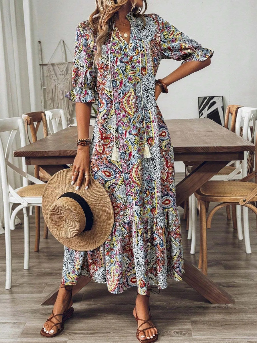 Aria | Boho Paisley Print Midi Dress
